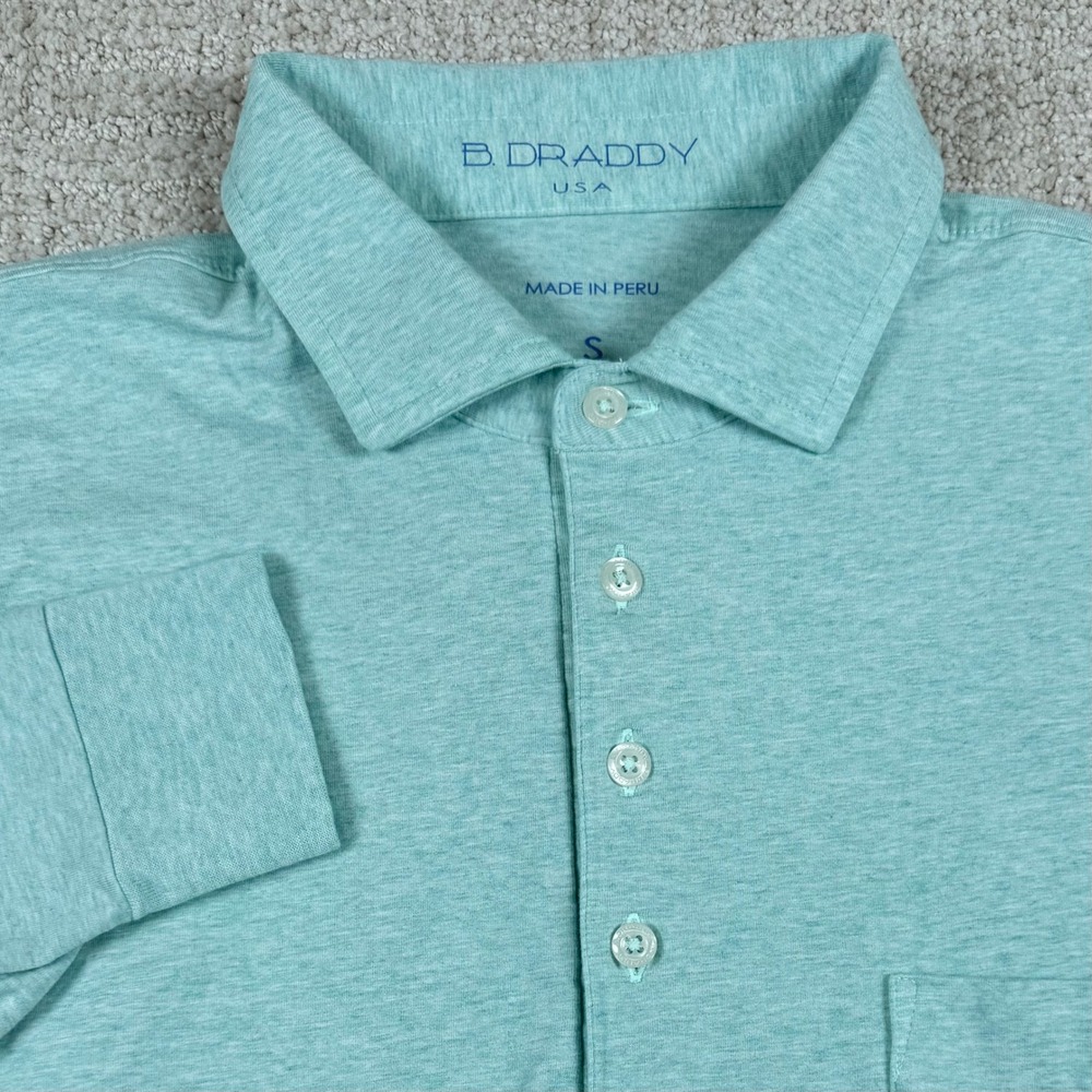 B Draddy Mens Small Teal Heathered Long Sleeve Pima Cotton Polo Shirt